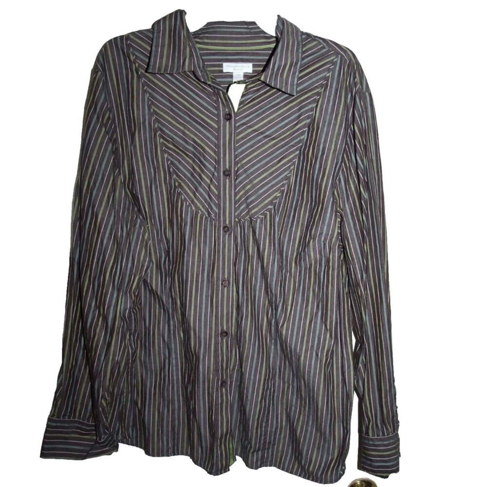 Charterâ Club Woman Brown Green Blue White Striped Button Front Top Size 24W